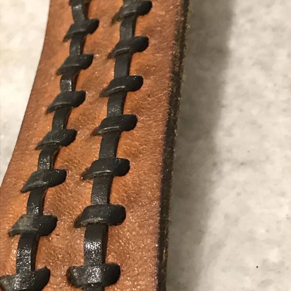 Vintage Leather Belt Mens 52 Brown Black Laced Woven Brass Buckle Western Cowboy